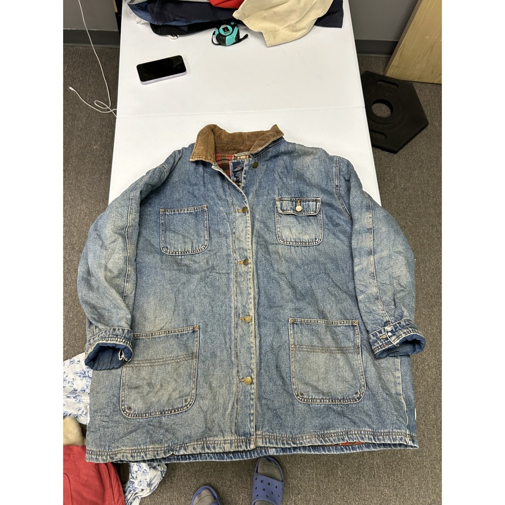Faded Glory Denim Barn Coat Woman 3X Blue Plaid Lined Corduroy Chore Jacket